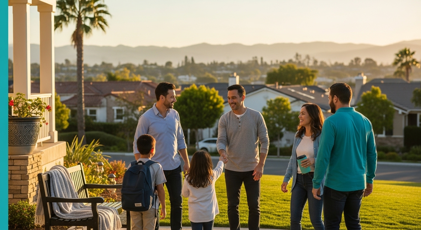 California neighborhood families, suburban community, outdoor lifestyle